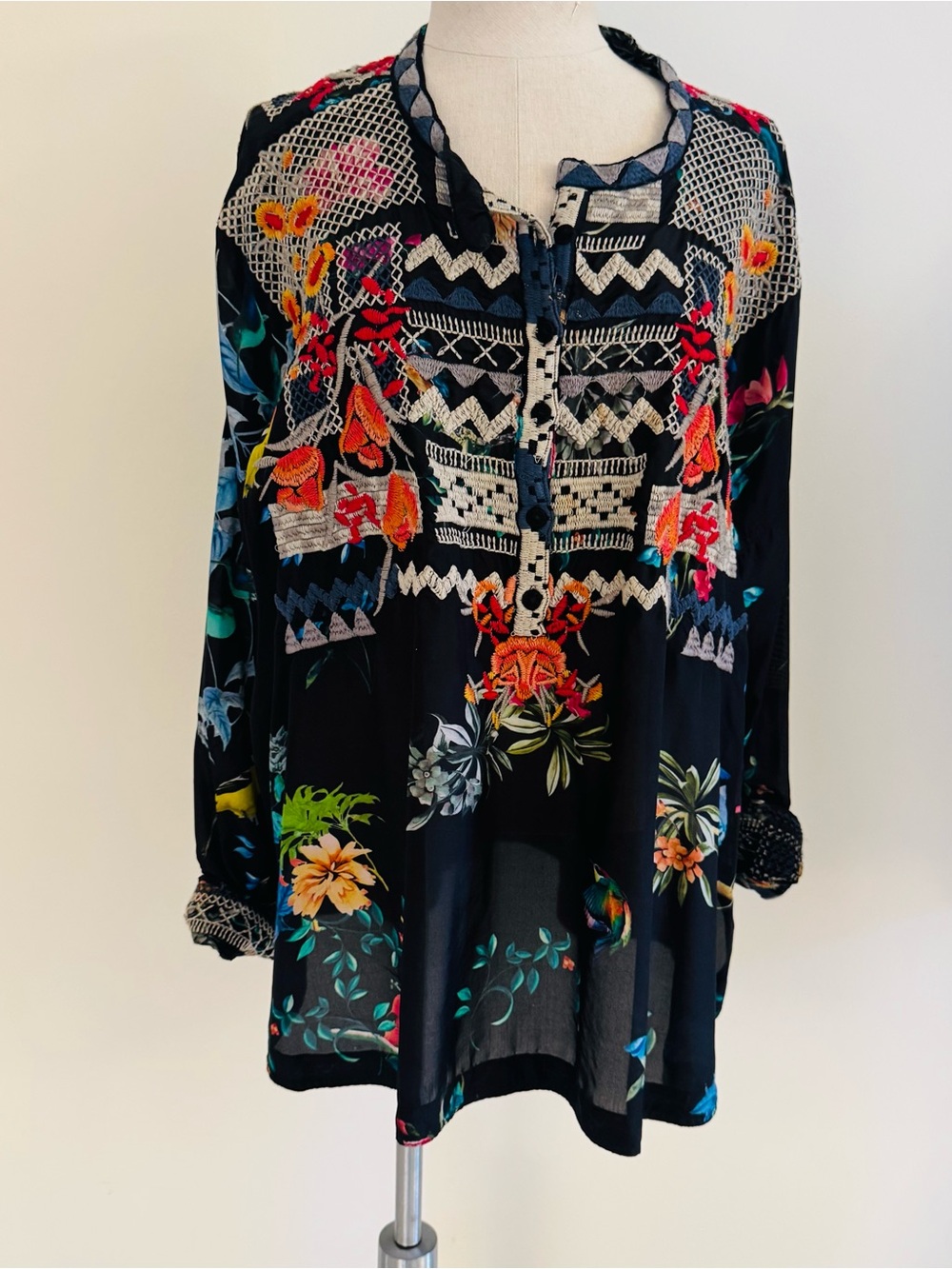 Johnny Was Black Embroidered Floral Tunic with Multicolor Accents